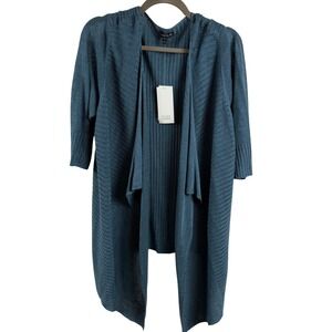 Eileen Fisher Cascading Cardigan XL Teal Blue Linen Silk Knit NEW